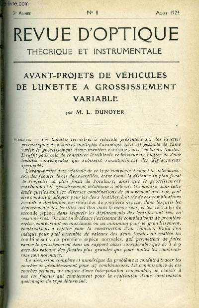 Revue d'optique thorique et instrumentale n 8 - Avant projets de vhicules de lunette a grossissement variable par L. Dunoyer, Institut d'optique thorique et applique : cole suprieure d'optique