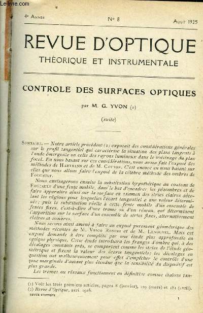 Revue d'optique thorique et instrumentale n 8 - Controle des surfaces optiques par G. Yvon, Stries et franges d'ombre talons tangentiels