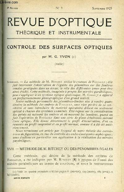 Revue d'optique thorique et instrumentale n 9 - Controle des surfaces optiques par G. Yvon, Stroscope, Modle 1923