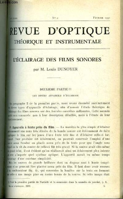 Revue d'optique thorique et instrumentale n 2 - L'clairage des films sonores par Louis Dunoyer, Mesure des rayons de courbure par autocollimation, Boussole avec cercle divis