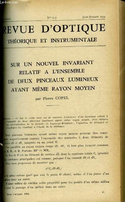 Revue d'optique thorique et instrumentale n 6-7 - Sur un nouvel invariant relatif a l'ensemble de deux pinceaux lumineux ayant mme rayon moyen par Pierre Copel, Nouvelles mthodes pour la mesure nocturne de l'ozone atmosphrique et l'tude