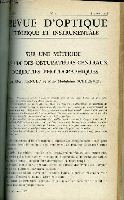 Revue d'optique thorique et instrumentale n 1 - Sur une mthode d'tude des obturateurs centraux d'objectifs photographiques par Albert Arnulf et Madeleine Schleeveis, La nouvelle lampe clair Photoflux
