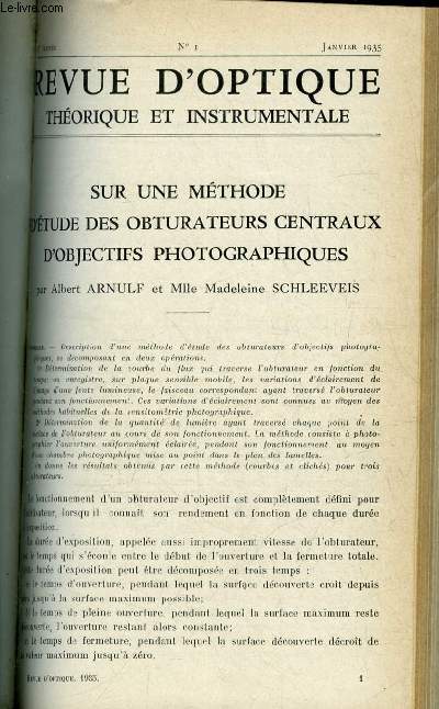 Revue d'optique thorique et instrumentale n 1 - Sur une mthode d'tude des obturateurs centraux d'objectifs photographiques par Albert Arnulf et Madeleine Schleeveis, La nouvelle lampe clair Photoflux