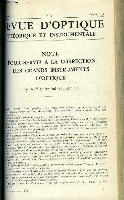 Revue d'optique thorique et instrumentale n 3 - Note pour servir a la correction des grands instruments d'optique par le vice amiral Violette, Microphotomtre photolectrique enregistreur sans fente ni amplification par M.C. Sanni