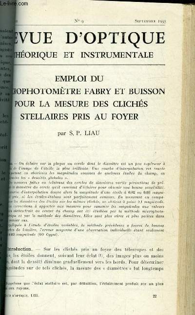 Revue d'optique thorique et instrumentale n 9 - Emploi du microphotomtre Fabry et Buisson pour la mesure des clichs stellaires pris au foyer par S.P. Liau, Sensibilit et variation de sensibilit des cellules a couche d'arrt par E. Ferencz et J.