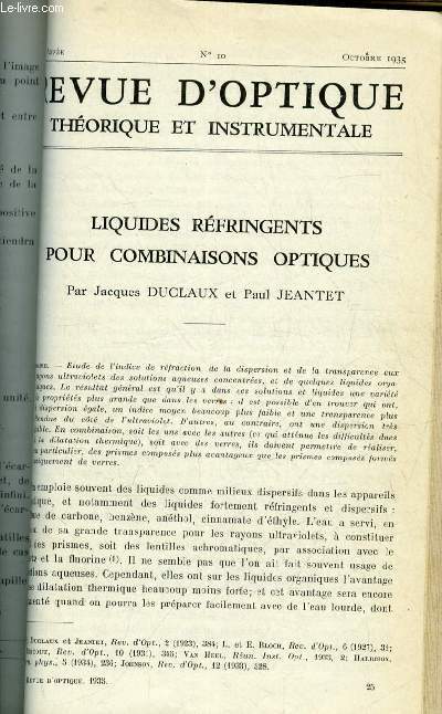 Revue d'optique thorique et instrumentale n 10 - Liquides rfringents pour combinaisons optiques par Jacques Duclaux et Paul Jeantet, L'emploi de compensateurs forms de lames de mica nues et l'analyse des vibrations elliptiques dans l'ultraviolet