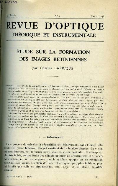 Revue d'optique thorique et instrumentale n 4 - Etude sur la formation des images rtiniennes par Charles Lapicque, L'anamorphose a rapport variable par Jean Lagrula, Altimtre a interfrences