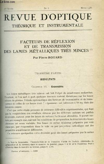 Revue d'optique thorique et instrumentale n 3 - Facteurs de rflexion et de transmission des lames mtalliques trs minces par Pierre Rouard, Lunettes de plonge par Jean Mendousse