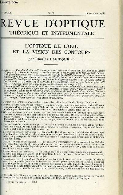 Revue d'optique thorique et instrumentale n 9 - L'optique de l'oeil et la vision des contours par Charles Lapicque, Appareil pour la production et la concentration des radiations infrarouges utilises en chirurgie opratoire