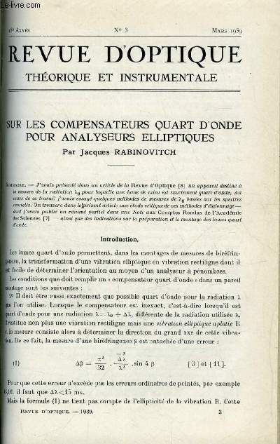 Revue d'optique thorique et instrumentale n 3 - Sur les compensateurs quart d'onde pour analyseurs elliptiques par Jacques Rabinovitch, L'influence de l'atmosphre sur l'intensit apparente des sources lumineuses lointaines par F. Link