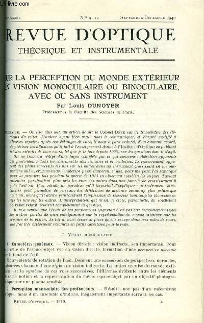 Revue d'optique thorique et instrumentale n 9-12 - Sur la perception du monde extrieur en vision monoculaire ou binoculaire, avec ou sans intrument par Louis Dunoyer, La sensation du relief et ses interprtations par le cerveau subconscient