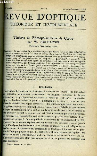 Revue d'optique thorique et instrumentale n 7-9 - Thorie du photopolarimtre de Cornu par W. Smosarski, Chambre de Schmidt pour photographie a distance rapproche par Maurice Paul, Mthode graphique de dtermination des facteurs de transmission