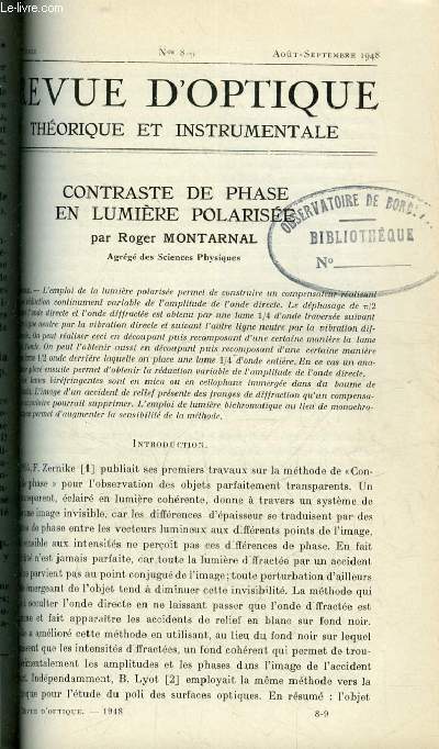 Revue d'optique thorique et instrumentale n 8-9 - Contraste de phase en lumire polarise par Roger Montarnal, Utilisation des plaques lippmann comme filtres par Jean Loup Delcroix, Le lecteur micromtrique de la socit optique et prcision