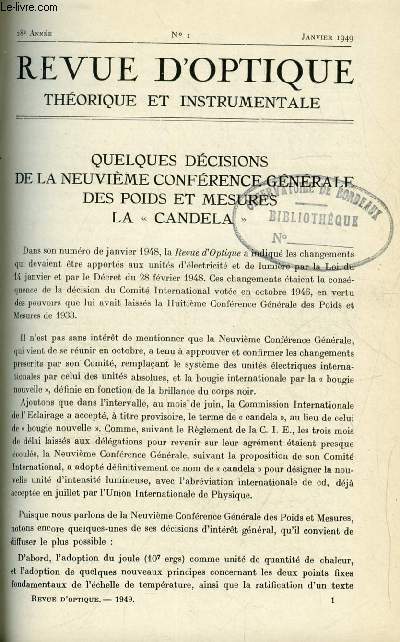 Revue d'optique thorique et instrumentale n 1 - Quelques dcisions de la neuvime confrence gnrale des poids et mesures la Candela, Spectrophotomtrie d'chantillons de forme quelconque par Jean Terrien et Franois Desvignes, Les couches minces