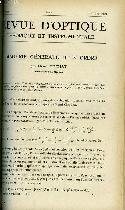 Revue d'optique thorique et instrumentale n 7 - Imagerie gnrale du 3e ordre par Henri Grenat, La condition gnrale pour que deux ondes image infiniment voisines soient lies par un loi dtermine par Mario Di Jorio, Machine pour le rodage de surfaces