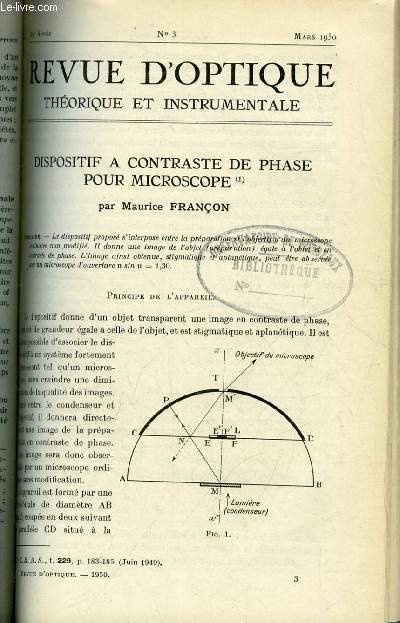 Revue d'optique thorique et instrumentale n 3 - Dispositif a contraste de phase pour microscope par Maurice Franon, Dispositif d'observation des anneaux d'gale inclinaison par rflexion par Jacques Rabinovitch, Rfractomtre de prcision pour mesures