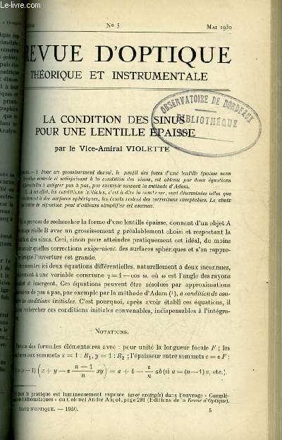 Revue d'optique thorique et instrumentale n 5 - La condition des sinus pour une lentille paisse par le vice amiral Violette, L'emploi de l'analyse statistique dans les fabrications d'optique par Josef Hrdlicka et Vera Blumova, Monochromateur a objectif