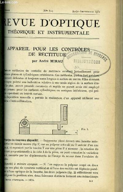 Revue d'optique thorique et instrumentale n 8-9 - Appareil pour les controles de rectitude par Andr Mirau, Dispositif pour la mesure de l'angle d'incidence du faisceau dans un interfromtre Fizeau-Prard par Jean Hamon, L'optique a la XLVIIIe