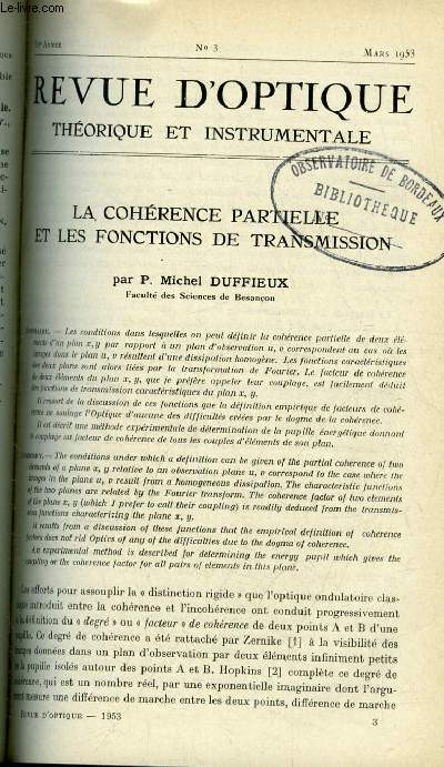 Revue d'optique thorique et instrumentale n 3 - La cohrence partielle et les fonctions de transmission par P. Michel Duffieux, Etude des effets combins des aberrations et d'une obturation centrale de la pupille sur le contraste des images optiques