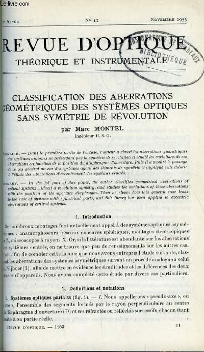 Revue d'optique thorique et instrumentale n 11 - Classification des aberrations gomtriques des systmes optiques sans symtrie de rvolution par Marc Montel, Application des interfrences par double rfraction a l'tude des aberrations par Maurice