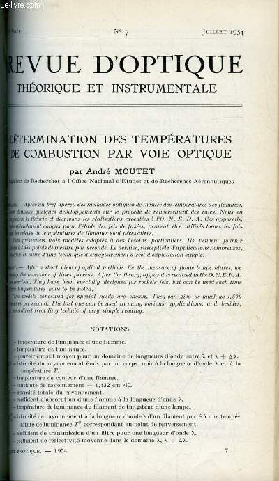 Revue d'optique thorique et instrumentale n 7 - Dtermination des tempratures de combustion par voie optique par Andr Moutet, Sur la dtermination des rflecteurs plans dans les instruments d'observation par Flicien Blottiau, Calcul de la coma