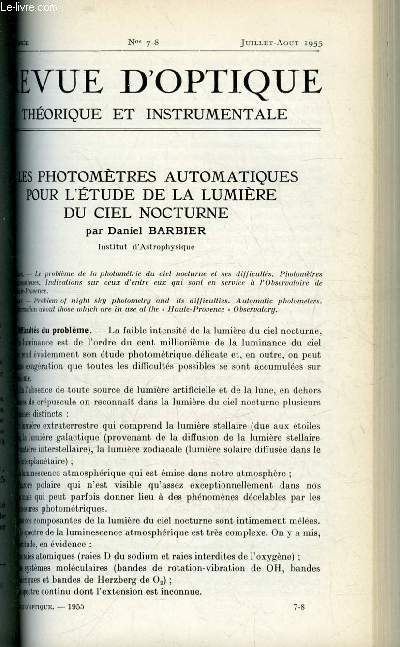 Revue d'optique thorique et instrumentale n 7-8 - Les photomtres automatiques pour l'tude de la lumire du ciel nocturne par Daniel Barbier, Un photomtre pour la lumire du ciel nocturne par Andr Baillet, L'absorption de l'ultraviolet dans le quartz