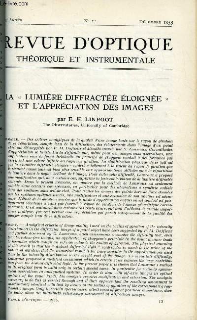 Revue d'optique thorique et instrumentale n 12 - La lumire diffracte loigne et l'apprciation des images par E.H. Linfoot, Journes d'tudes sur le dveloppement des applications des interfrences par Serge Lowenthal, Frontofocomtre a projection