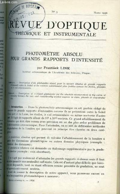 Revue d'optique thorique et instrumentale n 3 - Photomtre absolu pour grands rapports d'intensit par Frantisek Link, Etude interfromtrique des rpartitions de luminances en radioastronomie par Jacques Arsac, L'utilisation du calcul matriciel