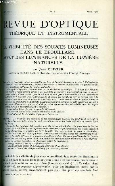 Revue d'optique thorique et instrumentale n 3 - La visibilit des sources lumineuses dans le brouillard, effet des luminances de la lumire naturelle par Jean Olivier, Etalon de faible luminance pour l'tude de la lumire du ciel nocturne par Daniel