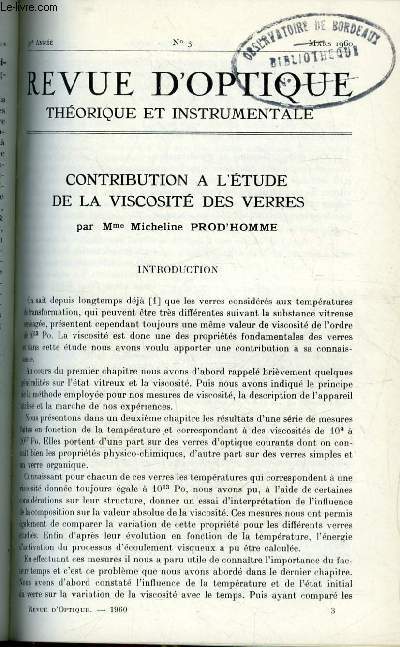 Revue d'optique thorique et instrumentale n 3 - Contribution a l'tude de la viscosit des verres par Micheline Prod'homme