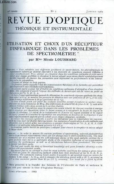 Revue d'optique thorique et instrumentale n 1 - Utilisation et choix d'un rcepteur d'infrarouge dans les problmes de spectromtrie par Nicole Louisnard, Mesure de colorimtrie trichromatique faites en tenant compte des variations de l'tat