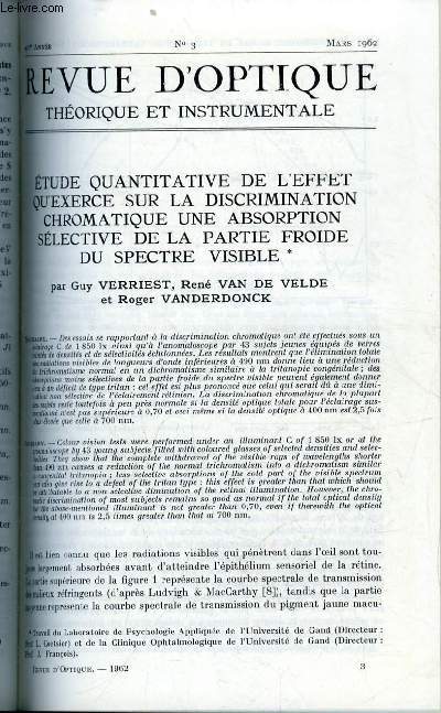 Revue d'optique thorique et instrumentale n 3 - Etude quantitative de l'effet qu'exerce sur la discrimation chromatique une absorption slective de la partie froide du spectre visible par Guy Verriest, Ren Van de Velde et Roger Vanderdonck, Mthode