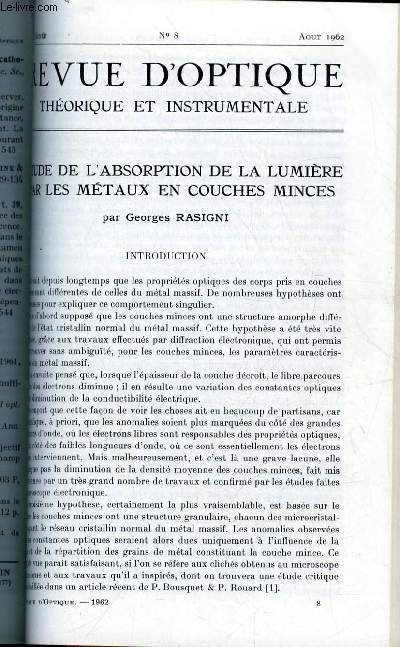 Revue d'optique thorique et instrumentale n 8 - Etude de l'absorption de la lumire par les mtaux en couches minces par Georges Rasigni, La constitution du photon par P. Michel Duffieux