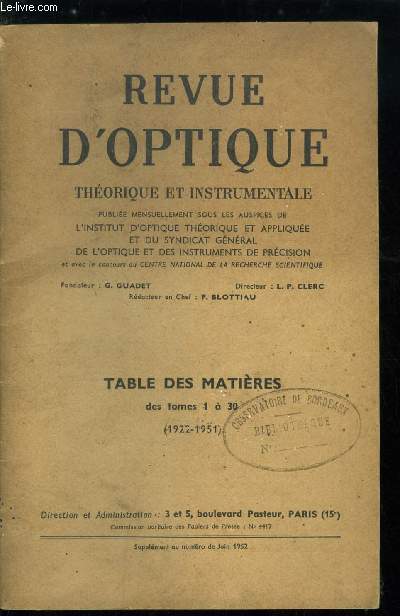 Revue d'optique thorique et instrumentale - table des matires des tomes 1  30 (1922-1951)