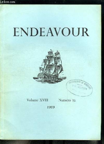 Endeavour volume XVIII n 72 - Le centenaire de la spectrochimie, La biochimie de la glande mammaire par J.M. Barry, Photographie du fond de l'ocan par A.S. Laughton, Les Darby de Coalbrookdale par A. Raistrick, Les adaptations des insectes brsiliens