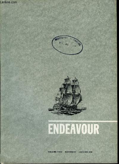 Endeavour volume XXIV n 91 - Le centenaire du mendlisme, Les synthses de peptides en phase solide par R.B. Merrifield, Effets des radiations sur les cellules des mristmes par F.A.L. Clowes, Deux mmoires dans un cerveau par J.Z. Young, Les hormones