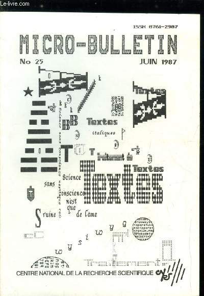 Micro-Bulletin n 25 - Table des matires pour 1986, Cration d'un compte de lecture du micro bulletin, Turbo pascal par Yves Boudeville, Y a-t-il un traitement de texte sur le march ? par Michel Dreyfus, Can you do ? (essai de yes you can) par Franois