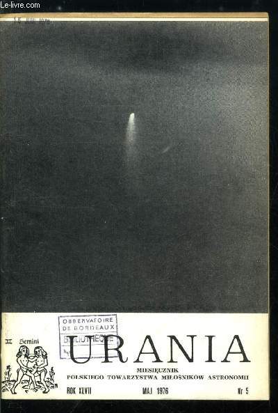 Urania n 5 - Problem porozumienia sie z pozaziemskimi cywilizacjami, Goscie z nieba (4), Asymetria wschod-za-chod na Sloncu - Nazwy ksiezycow Jowisza, Aktywnosc Slonca w. r. 1975, Komunikat Centralnej Sekcji Obserwatorow Slonca