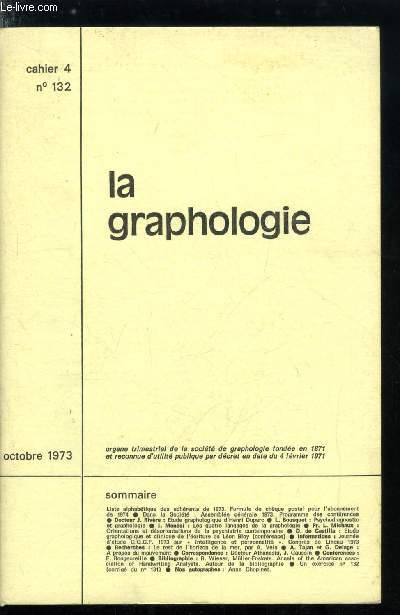 La graphologie n 132 - Etude graphologique d'Henri Duparc par Docteur J. Rivire, Psychodiagnostic et graphologie par L. Bousquet, Les quatre langages de la graphologie par I. Monsi, Orientations et dsorientations de la psychiatrie contemporaine par Pr