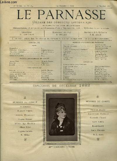 Le parnasse - organe des concours littraires de Paris - 7e anne n 64 - Mme Edouard Lenoir, biographie, Jeanne d'Arc par Germain Picard, Blanche par Tiercelin, L'oubli par F.E. Adam, Sourire par Achille Millien, Les voeux contraires par Lucien Pat