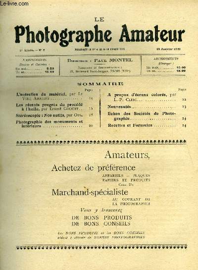 Le photographe amateur n 2 - L'entretien du matriel par le vieil amateur, Tank anglais employ par les allemands, Les rcents progrs du procd a l'huile par Ernest Coustet, Nos outils, Photographie des monuments et intrieurs, remarques d'un praticien