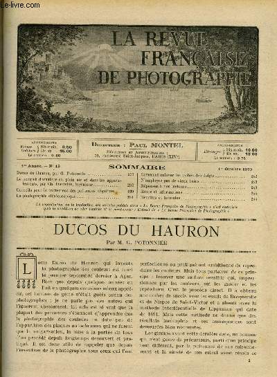 La revue franaise de photographie n 19 - Ducos du hauron par G. Potonnie, En fort d'argonne, Le portrait d'amateur en plein air et dans les appartements par Ch. Duvivier, Conseils pour le traitement des pellicules ngatives, La photographie