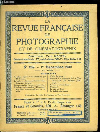 Revue franaise de photographie et de cinmatographie n 262 - La plaque ngative et son traitement par H. Cuisinier, Le papier au charbon sans transfert, L'talonneuse photomtrique Filmograph pour films cinmatographiques par L. Lobel, Invitation