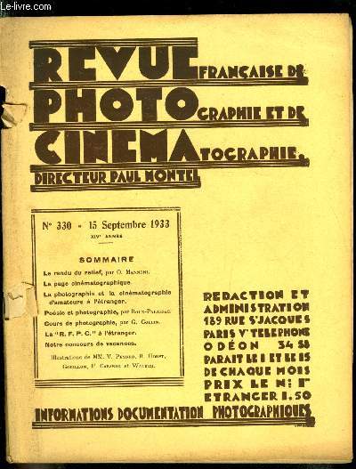 Revue franaise de photographie et de cinmatographie n 330 - Le rendu du relief par O. Mannoni, La page cinmatographique, La photographie et la cinmatographie d'amateurs a l'tranger, Posie et photographie par Roux-Parassac, Cours de photographie