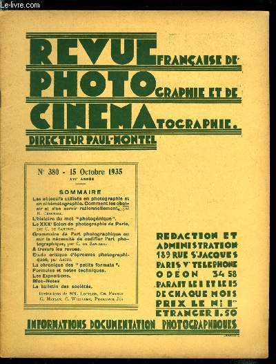 Revue franaise de photographie et de cinmatographie n 380 - Les objectifs utiliss en photographie et en cinmatographie, comment les choisir et s'en servir rationnellement par H. Cuisinier, L'histoire du mot photognique, Le XXXe salon de photographie