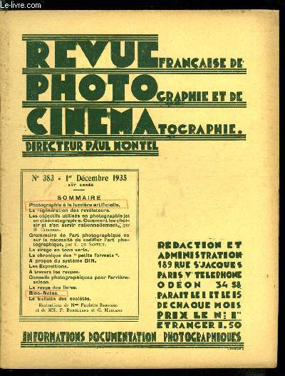 Revue franaise de photographie et de cinmatographie n 383 - Photographie a la lumire artificielle, La rgnration des rvlateurs, Grammaire de l'art photographique ou sur la ncessit de codifier l'art photographique par C. de Santeul, Le virage