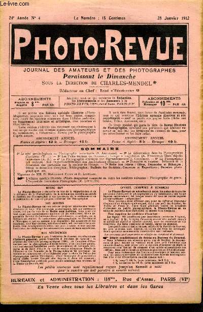 Photo-revue n 4 - Le cot psychologique en photographie instantane par A. Abrahams, La dformation dans les photographies d'intrieur par W, Les petits travaux de l'amateur : lampe a magnsium par A. Findinier, Glace dpolie improvise par A.B.