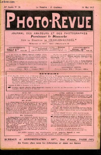 Photo-revue n 20 - Les procds directs et les contre types par Ernest Coustet, Agrandissements d'amateur par Ren Goffin, Tlphotographie stroscopique par Dr Decloux, La photographie des couleurs : nouveau traitement des plaques autochromes par P.