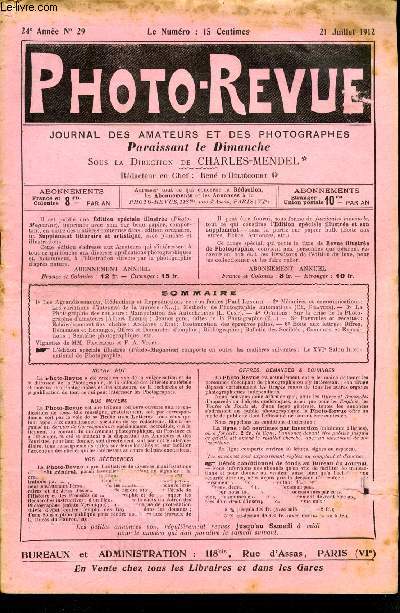 Photo-revue n 29 - Les agrandissements, rductions et reproductions rendus faciles par Paul Lenoir, Mmoires et communications : les variations d'intensit de la lumire, Mthode de photographie automatique par Ch. Gravier, La photographie des couleurs