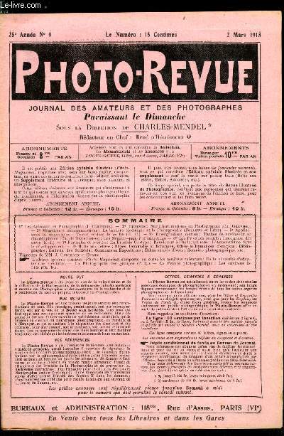 Photo-revue n 9 - Les animaux en photographie par J. Carteron, Opinions : sur l'automatisme en photographie par Ch. Gravier, La lumire lectrique et la photographie par Follows et Lvy, Applications et innovations : viseur sextant de po he par E.C.